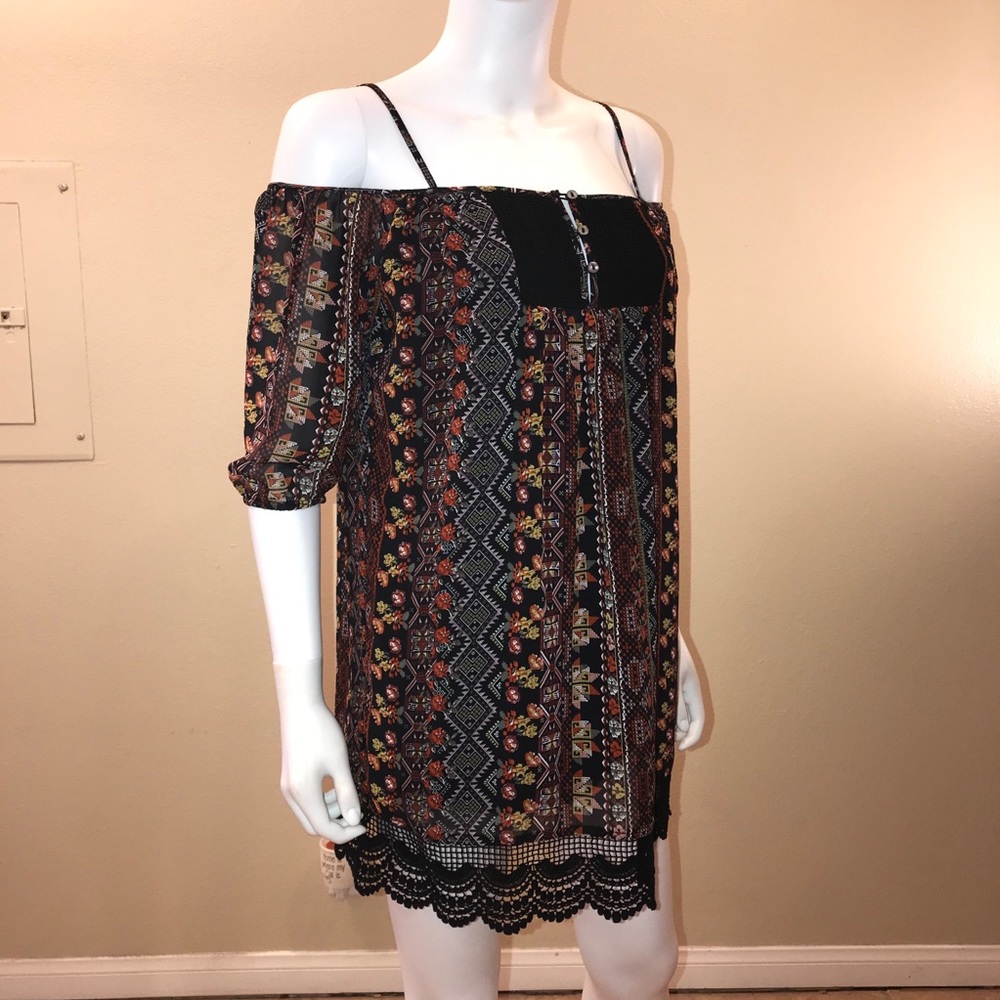 Full Tilt Cold Shoulder Mini Dress Size XS Black Lace Trim Boho Cottage Romantic